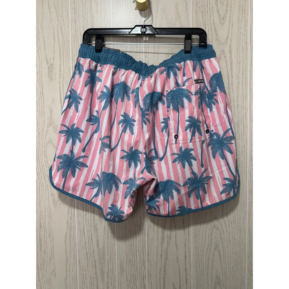Flomotion Mens Swim Shorts Pink White Stripe Palm Tree Tropical Trunks XL 16
